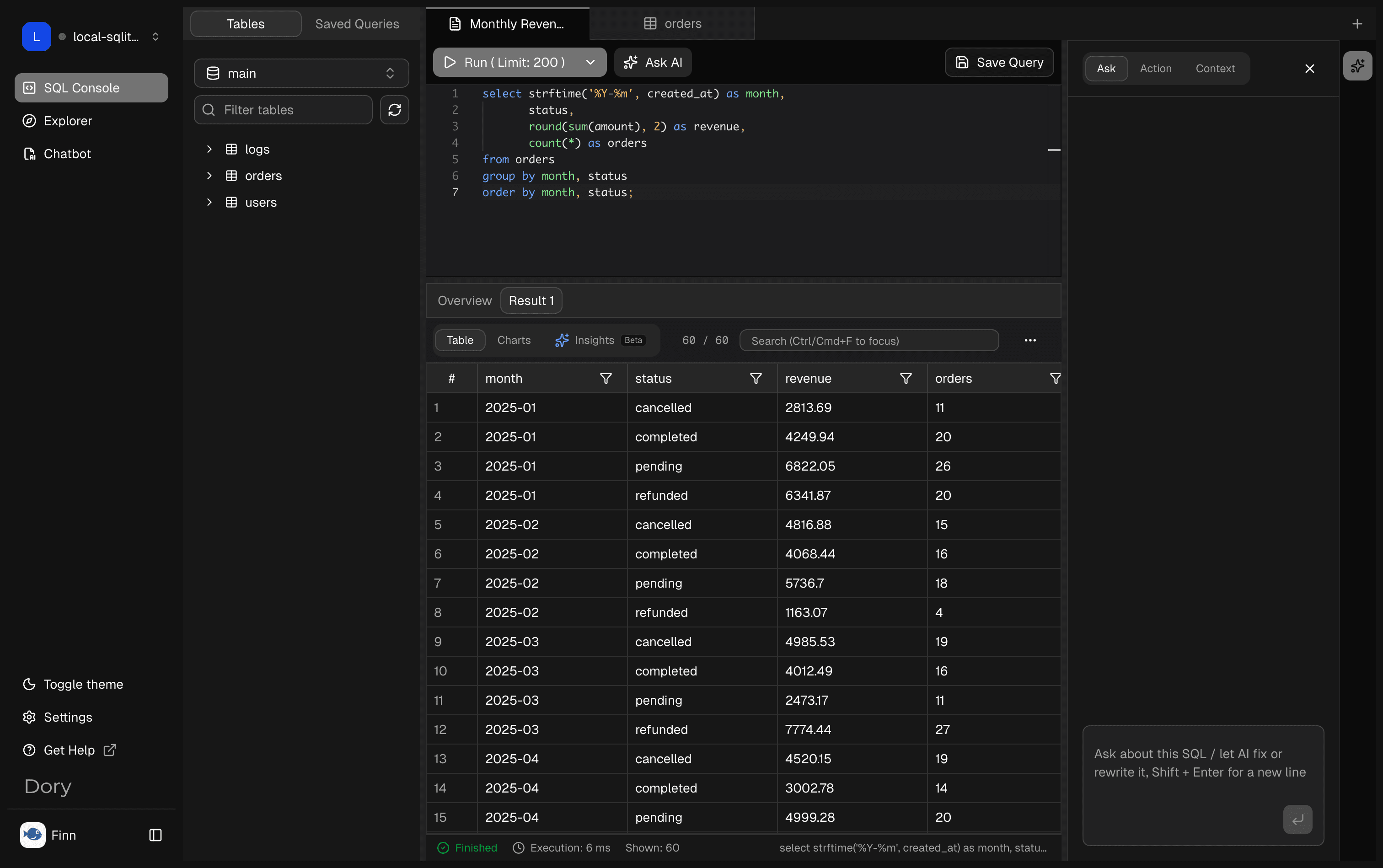 Dory SQL Console AI panel