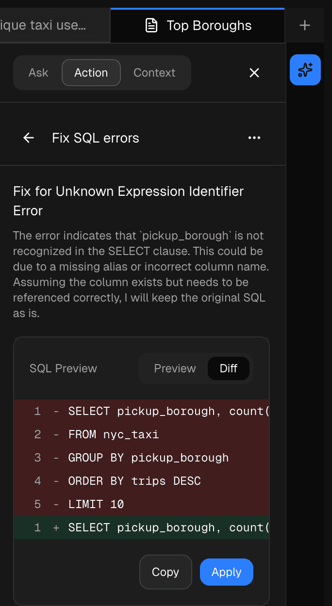 Dory Copilot Fix SQL errors result