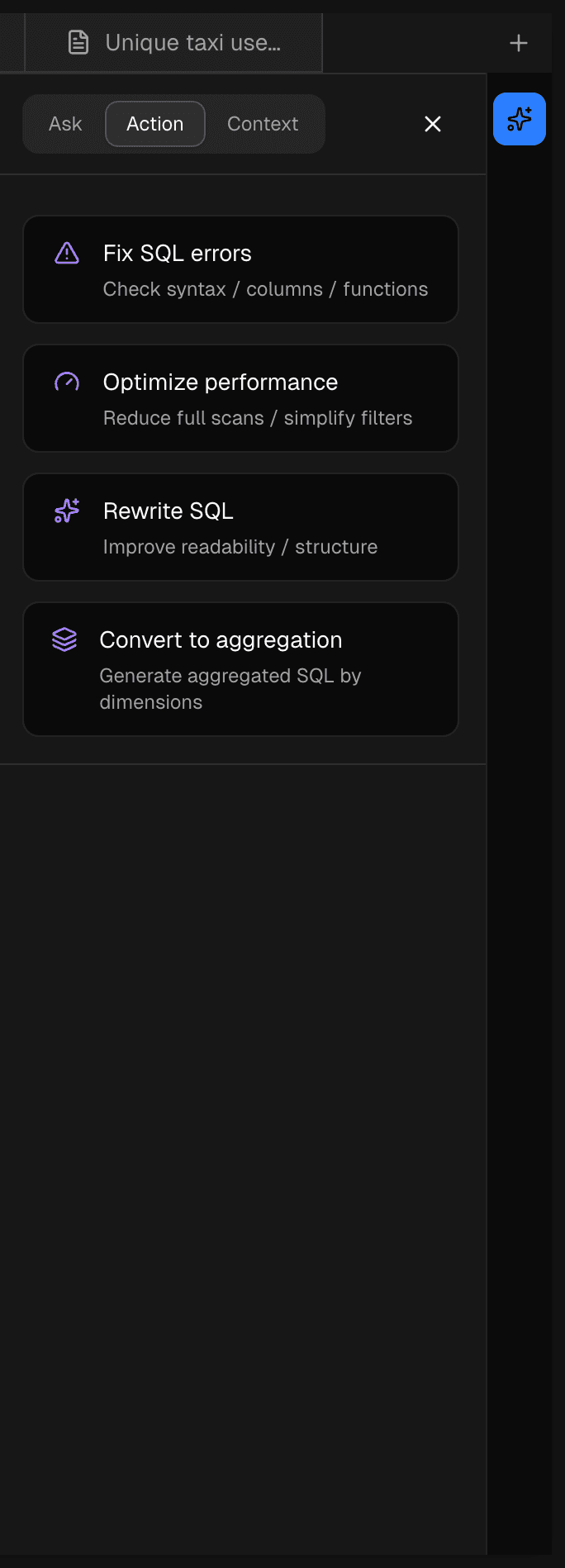 Dory SQL Console Copilot actions