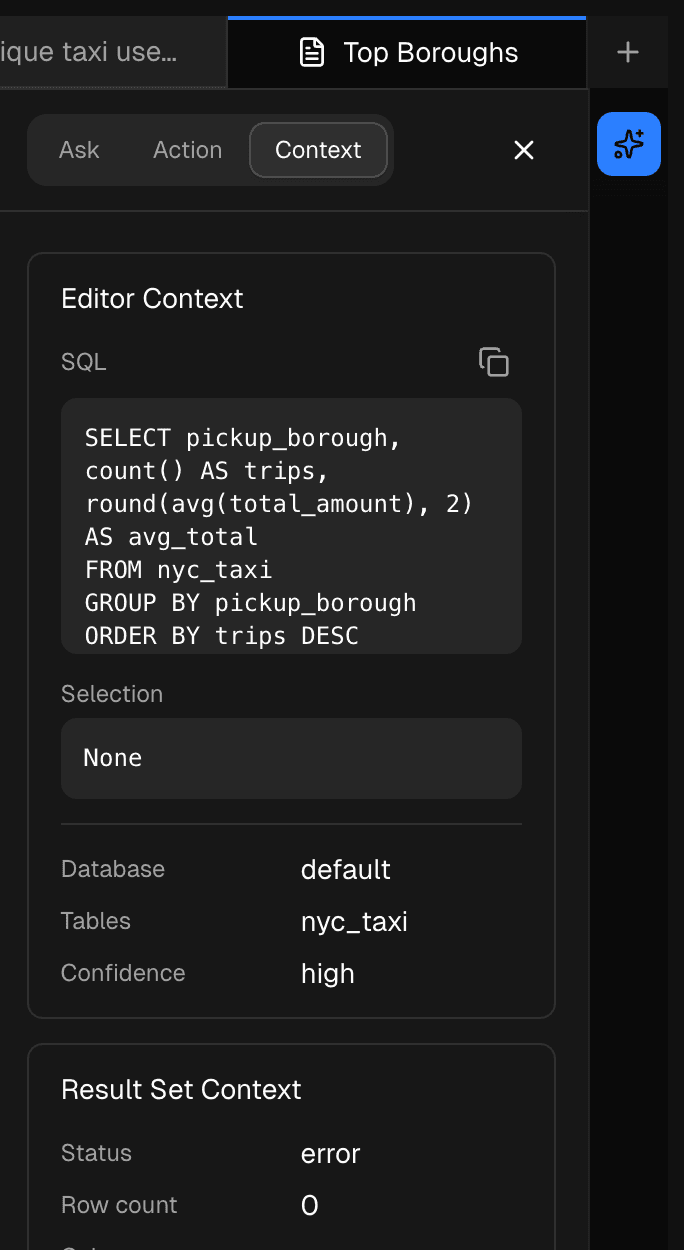 Dory SQL Console Copilot context