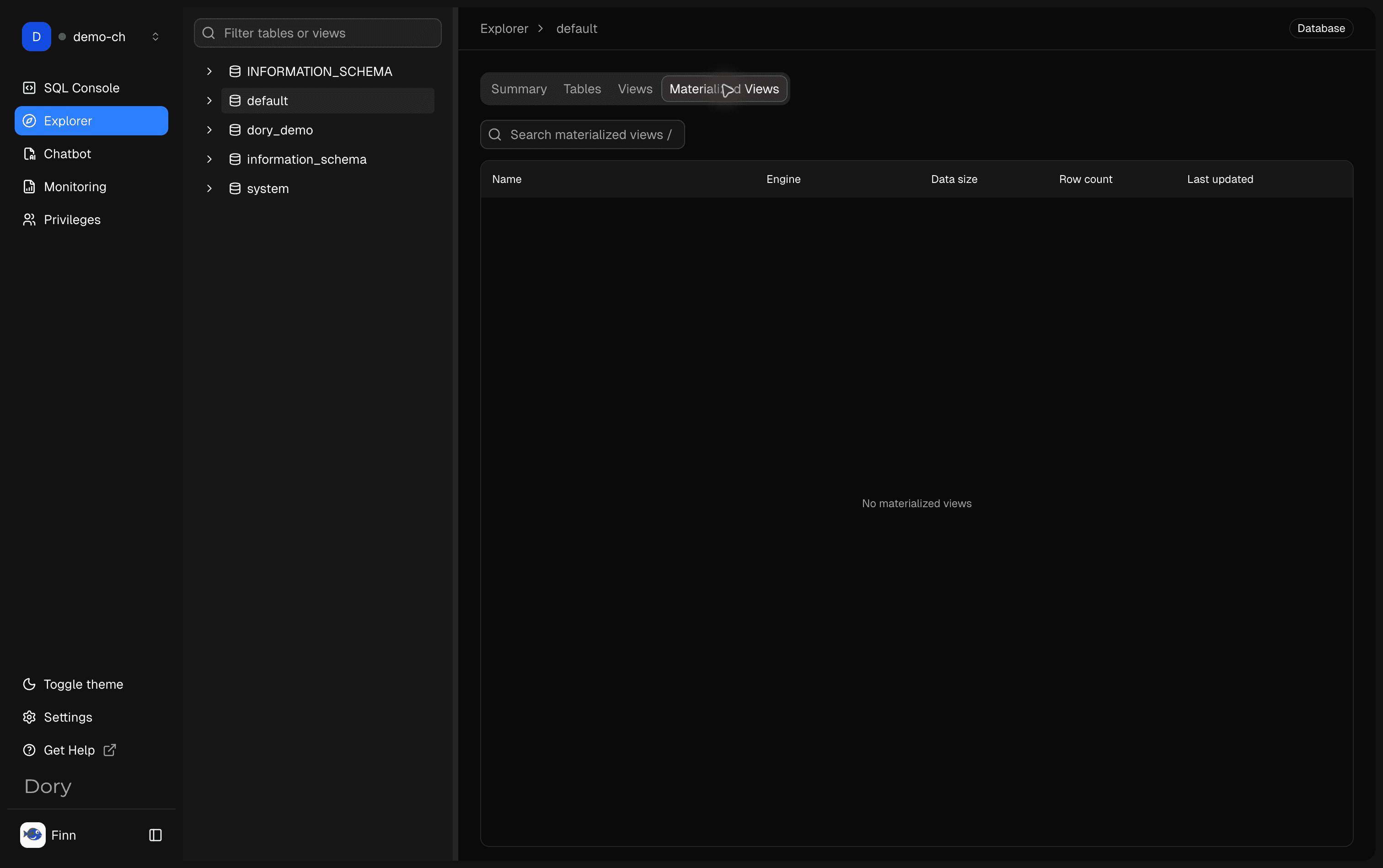 Lista de vistas materializadas de Dory Explorer