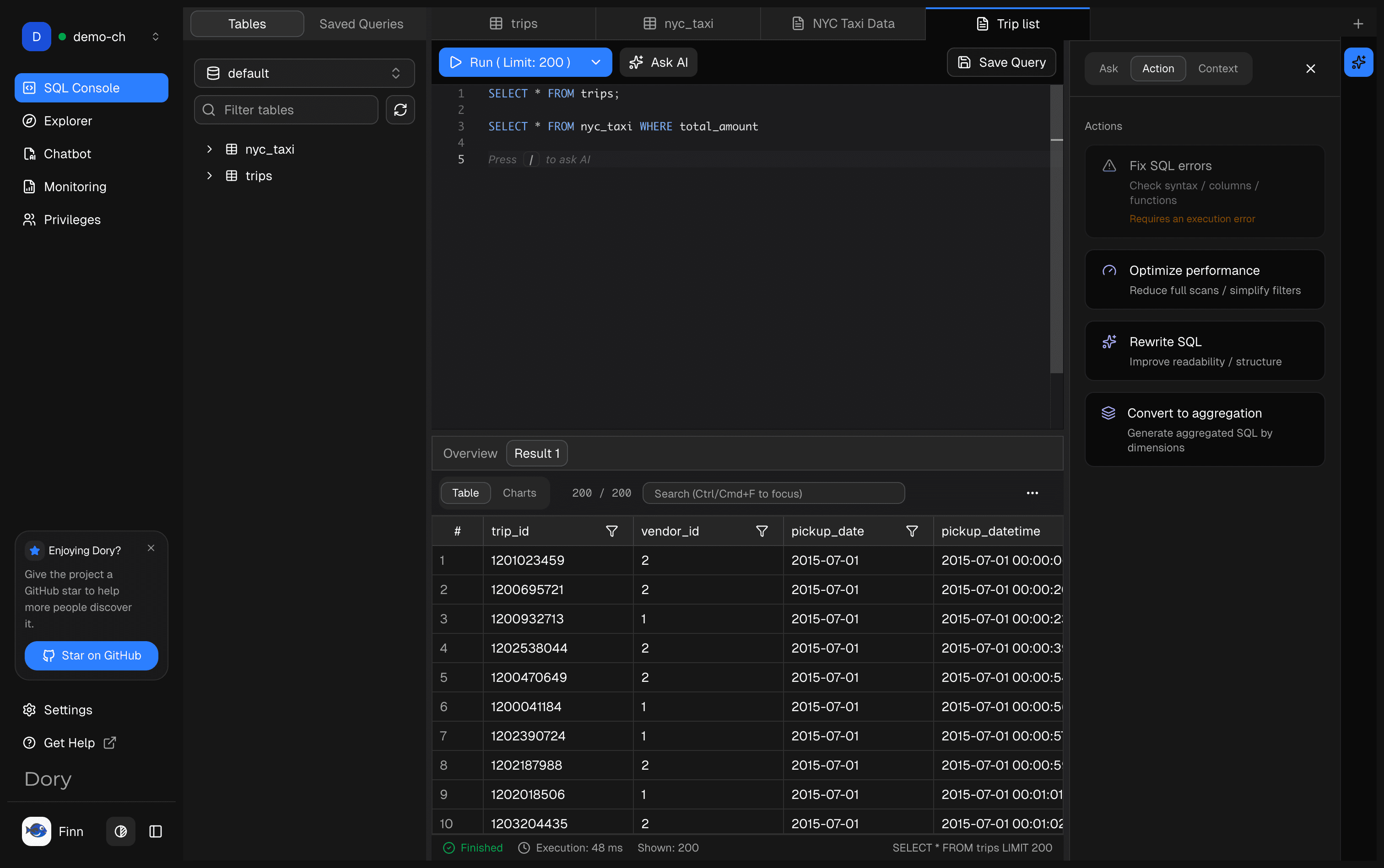 Dory SQL Console interface