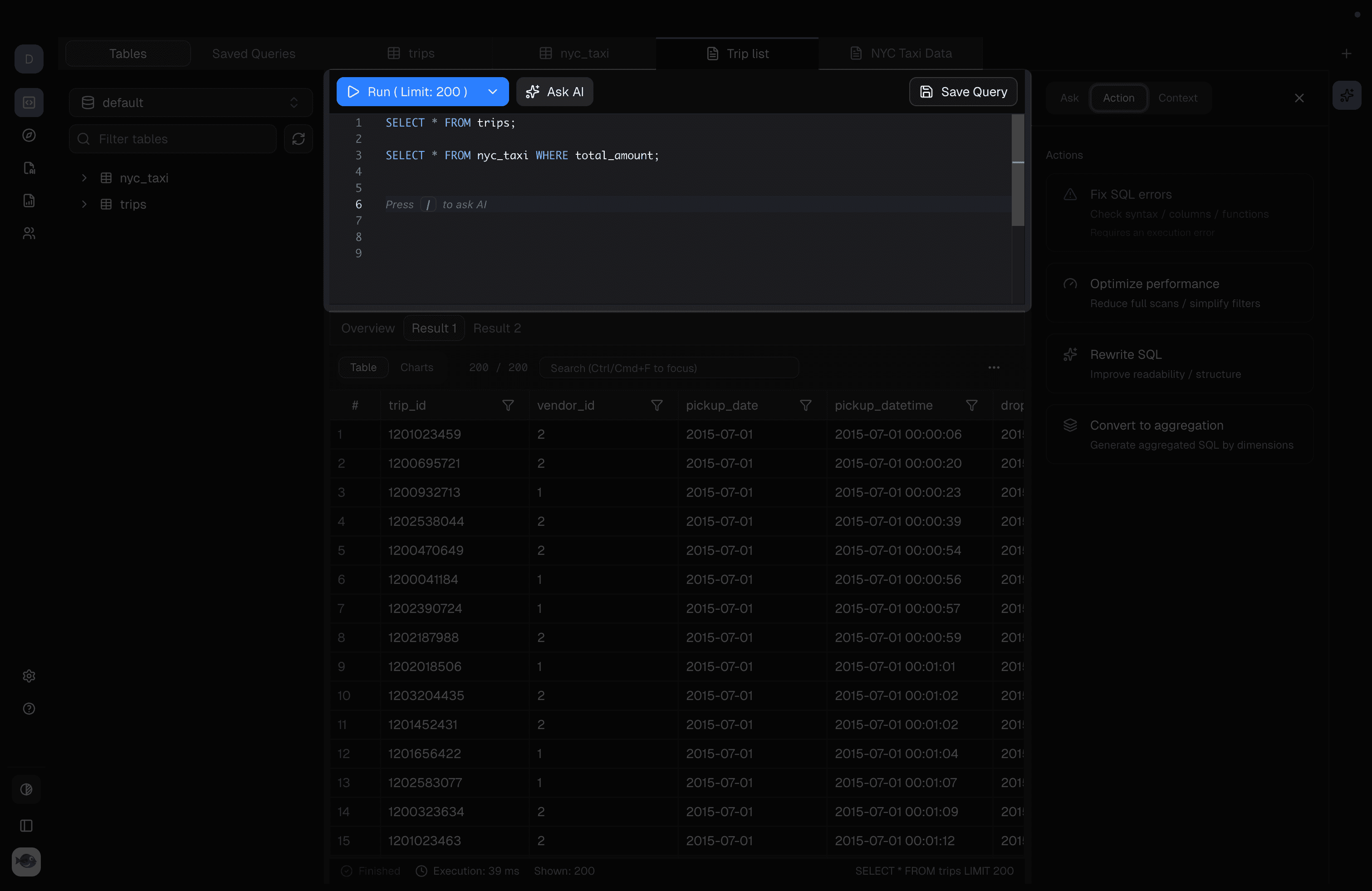 Dory SQL Console tabs and top controls